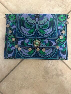 Blue & Green Embroidered Coin-Trim Clutch